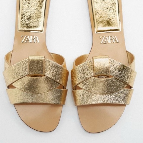 Zara Metallic Gold Cross Strap Women's Sandals Size EU 39 US8 - Picture 3 of 13